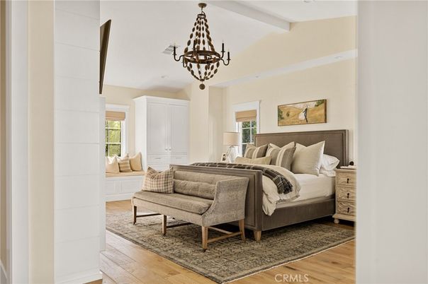 Bedroom, Chandelier, Interior, Wood Texture Flooring