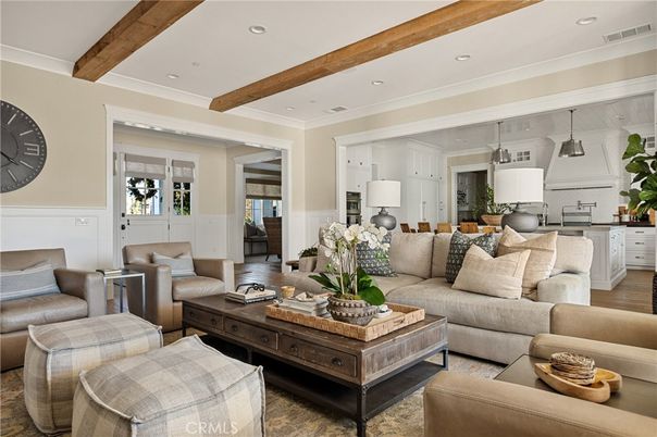 Interior, Kitchen, Living room, Pendant Lights, Recessed Lighting, Stainless Steel Appliances, Wooden Beams, Wood Texture Flooring