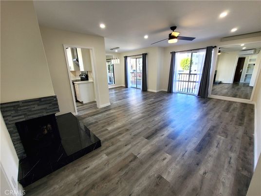 Empty room, Fireplace, Interior, Recessed Lighting, Wood Texture Flooring
