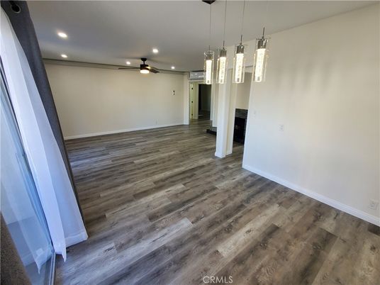 Empty room, Interior, Pendant Lights, Recessed Lighting, Wood Texture Flooring