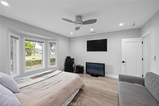 Bedroom, Interior, Recessed Lighting, Wood Texture Flooring