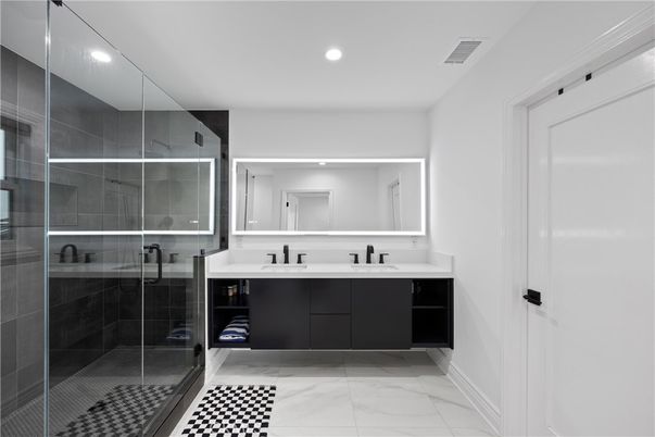 Bathroom, Dual Sink Vanities, Glass Shower, Interior, Marble, Recessed Lighting
