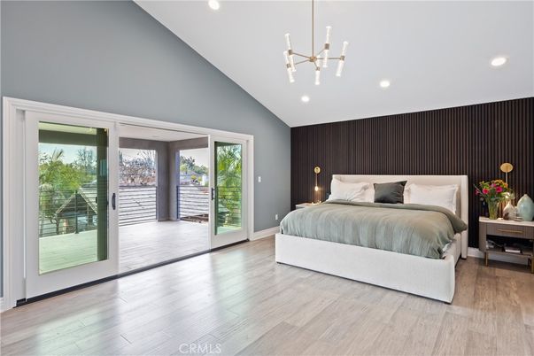 Bedroom, Interior, Pendant Lights, Recessed Lighting, Wood Texture Flooring