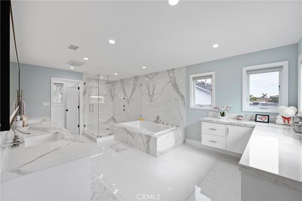 Bathroom, Glass Shower, Interior, Marble, Marble Walls, Recessed Lighting