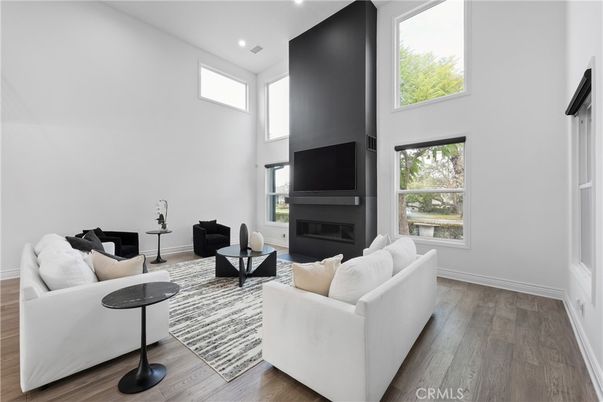 Fireplace, Interior, Living room, Recessed Lighting, Wood Texture Flooring