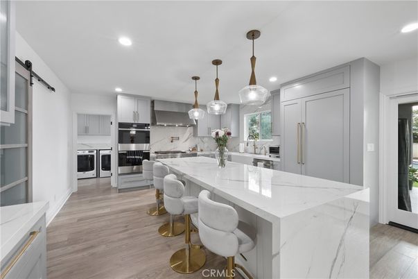 Interior, Kitchen, Pendant Lights, Recessed Lighting, Stainless Steel Appliances, Wood Texture Flooring