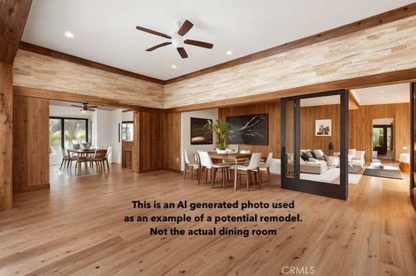 Dining room, Interior, Living room, Recessed Lighting, Wood Texture Flooring, Wooden Walls