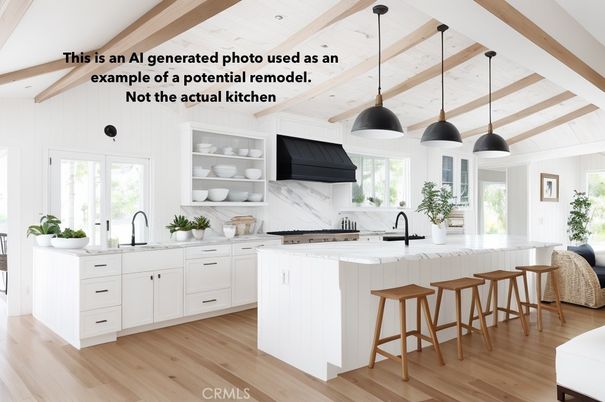 Interior, Kitchen, Marble Walls, Pendant Lights, Wooden Beams, Wood Texture Flooring