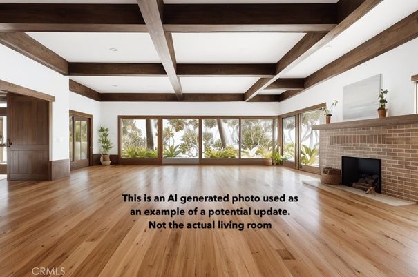Empty room, Fireplace, Interior, Recessed Lighting, Wooden Beams, Wood Texture Flooring