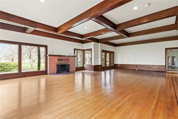 Empty room, Fireplace, Interior, Recessed Lighting, Wooden Beams, Wood Texture Flooring