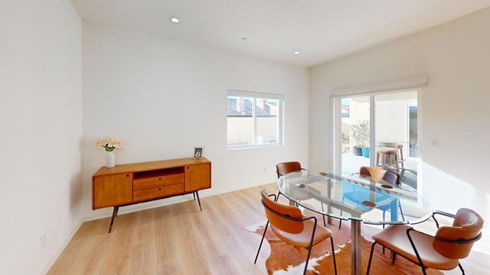 Dining room, Interior, Recessed Lighting, Wood Texture Flooring