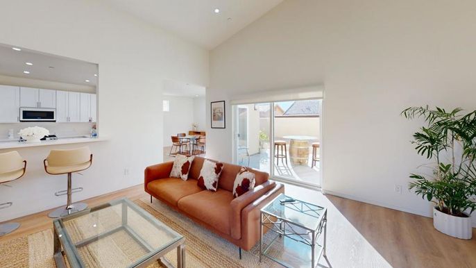 Dining room, Interior, Kitchen, Living room, Recessed Lighting, Stainless Steel Appliances, Wood Texture Flooring