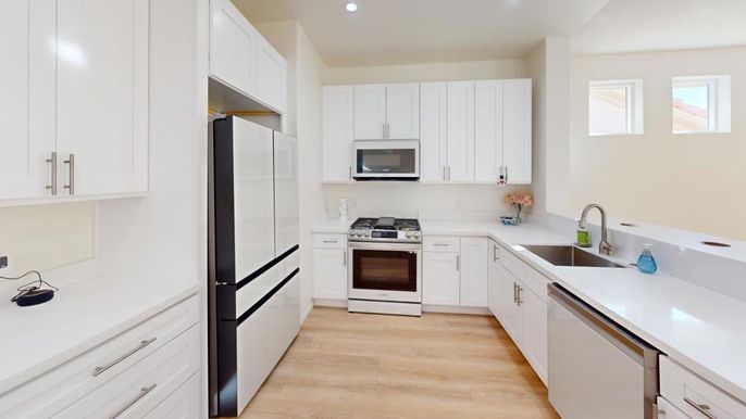 Interior, Kitchen, Recessed Lighting, Stainless Steel Appliances, Wood Texture Flooring