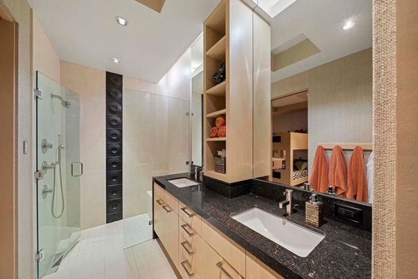 Bathroom, Dual Sink Vanities, Glass Shower, Interior, Recessed Lighting