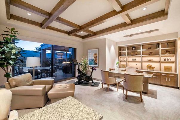 Fitness Equipment, Home Office, Interior, Living room, Recessed Lighting, Wooden Beams