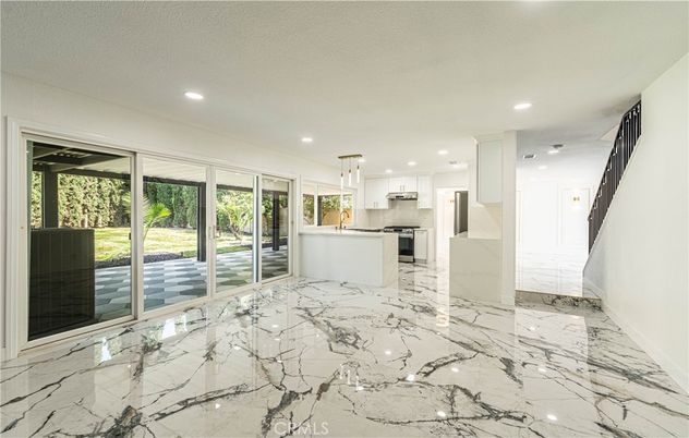 Interior, Kitchen, Marble, Pendant Lights, Recessed Lighting, Stainless Steel Appliances