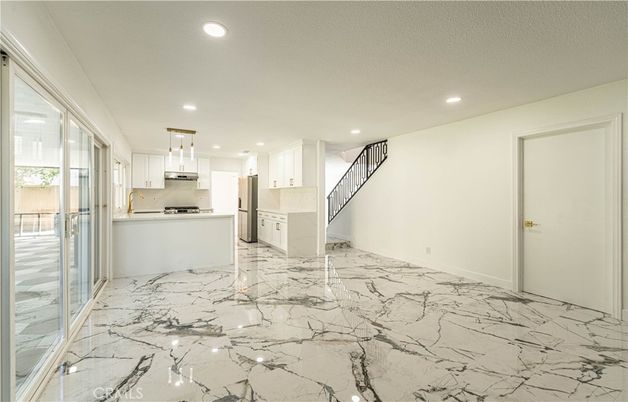 Interior, Kitchen, Marble, Pendant Lights, Recessed Lighting, Stainless Steel Appliances