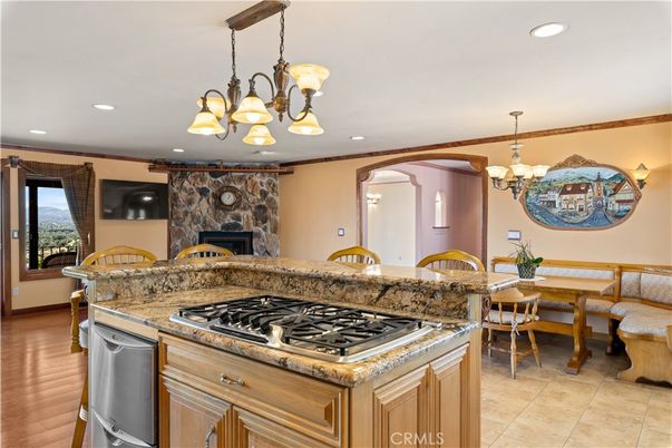 Chandelier, Dining room, Fireplace, Interior, Kitchen, Recessed Lighting