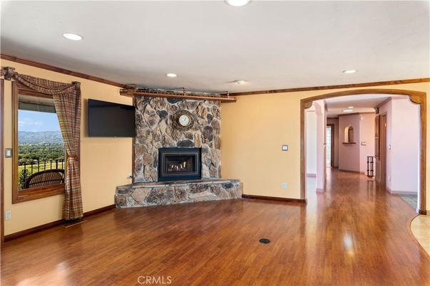 Empty room, Fireplace, Interior, Recessed Lighting, Wood Texture Flooring