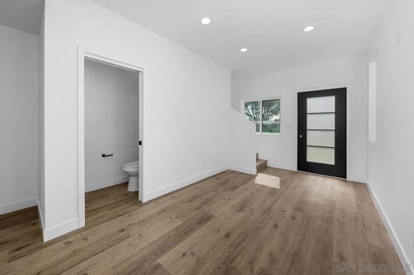 Bathroom, Empty room, Interior, Recessed Lighting, Wood Texture Flooring