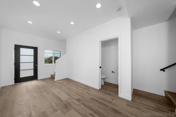 Bathroom, Empty room, Interior, Recessed Lighting, Wood Texture Flooring