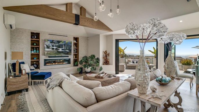 Fireplace, Interior, Living room, Pendant Lights, Recessed Lighting, Wooden Beams, Wood Texture Flooring