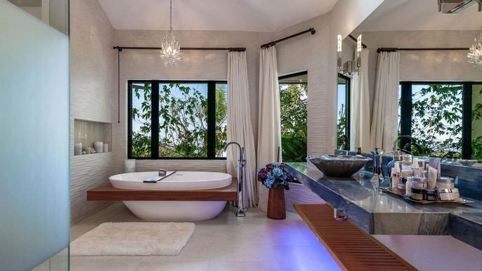 Bathroom, Dual Sink Vanities, Free Standing Baths, Interior, Pendant Lights