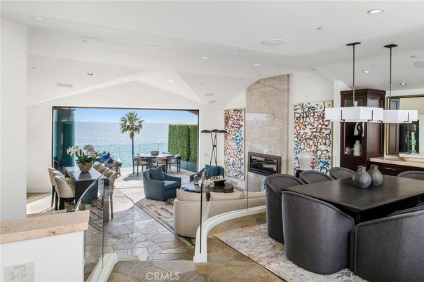 Dining room, Fireplace, Interior, Living room, Pendant Lights, Recessed Lighting, Water