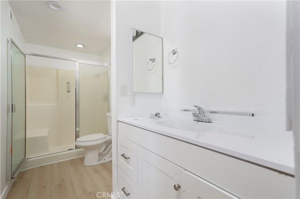Bathroom, Glass Shower, Interior, Recessed Lighting, Wood Texture Flooring