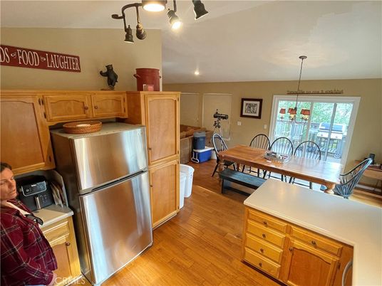 Dining room, Interior, Kitchen, Pendant Lights, Wood Texture Flooring