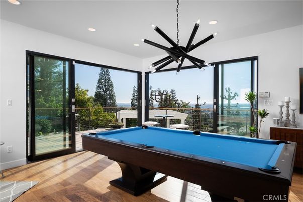 Billiard Table, Game Room, Interior, Pendant Lights, Recessed Lighting, Wood Texture Flooring