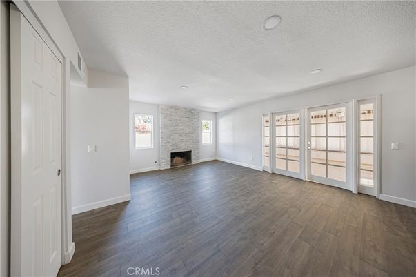 Empty room, Fireplace, Interior, Recessed Lighting, Wood Texture Flooring