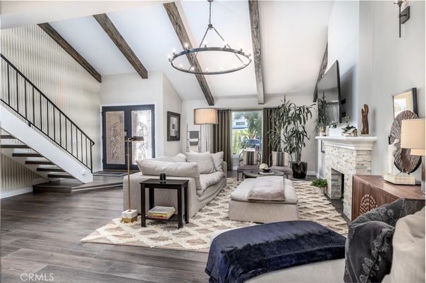 Fireplace, Interior, Living room, Pendant Lights, Wooden Beams, Wood Texture Flooring