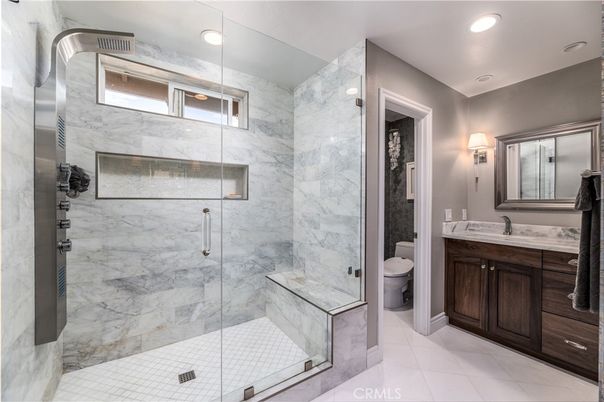Bathroom, Glass Shower, Interior, Marble Walls, Recessed Lighting