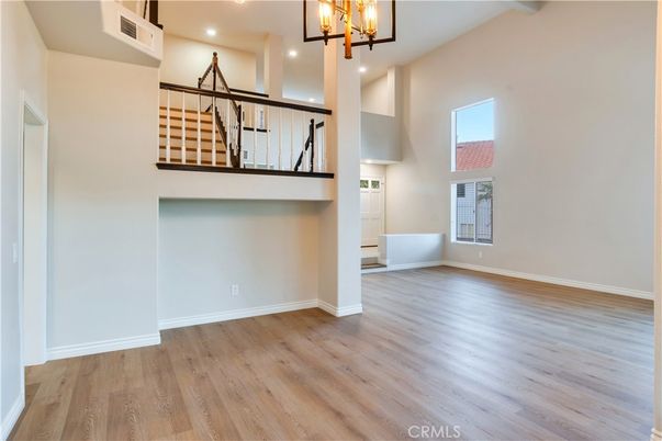 Empty room, Interior, Pendant Lights, Recessed Lighting, Wood Texture Flooring