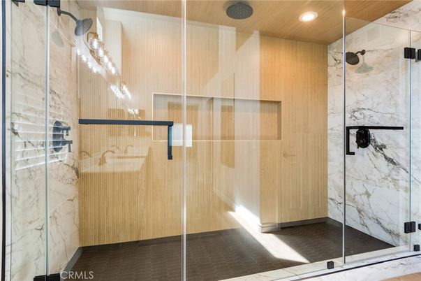 Bathroom, Glass Shower, Interior, Marble Walls, Recessed Lighting, Wooden Walls
