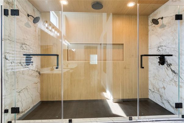 Bathroom, Glass Shower, Interior, Marble Walls, Recessed Lighting
