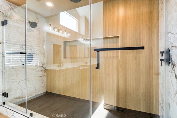 Bathroom, Glass Shower, Interior, Marble Walls, Recessed Lighting