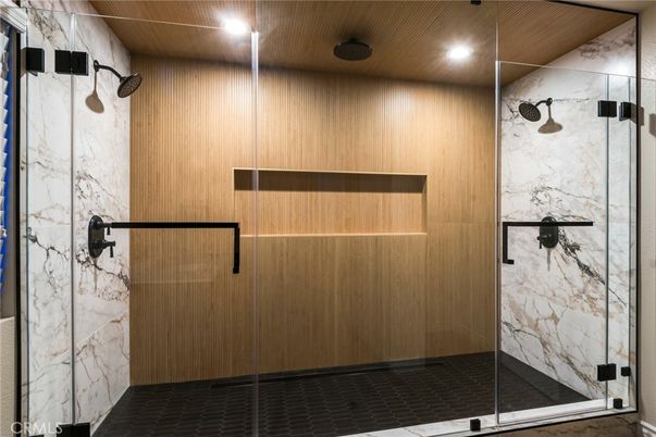 Bathroom, Glass Shower, Interior, Marble Walls, Recessed Lighting, Wooden Walls
