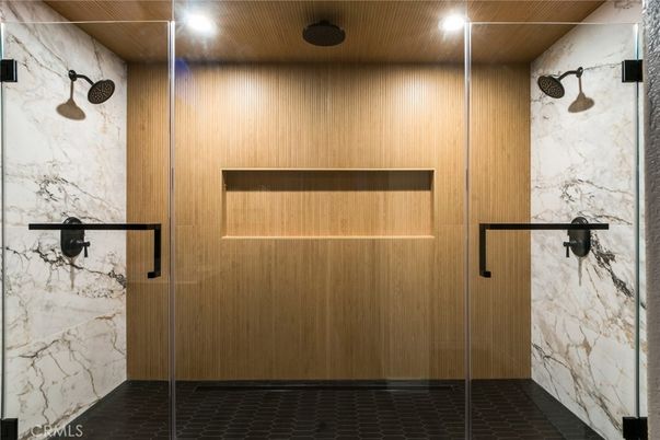 Bathroom, Glass Shower, Interior, Marble Walls, Recessed Lighting, Wooden Walls