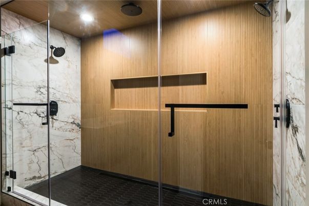 Bathroom, Glass Shower, Interior, Marble Walls, Recessed Lighting, Wooden Walls
