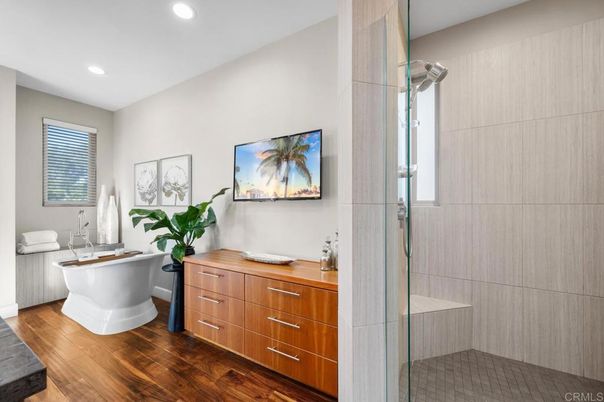 Bathroom, Free Standing Baths, Glass Shower, Interior, Recessed Lighting, Wood Texture Flooring