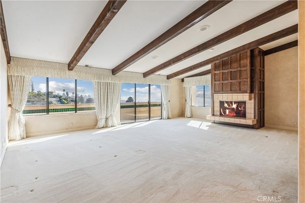 Empty room, Fireplace, Interior, Recessed Lighting, Wooden Beams