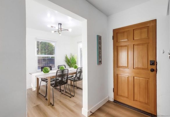 Dining room, Interior, Pendant Lights, Wood Texture Flooring