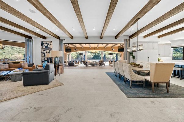 Dining room, Interior, Living room, Pendant Lights, Recessed Lighting, Wooden Beams