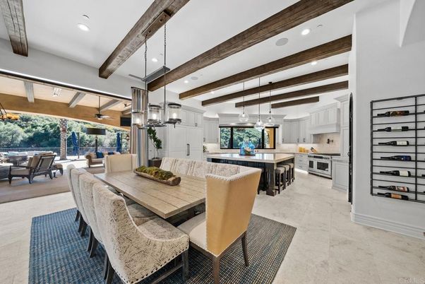 Dining room, Interior, Kitchen, Living room, Pendant Lights, Recessed Lighting, Stainless Steel Appliances, Wooden Beams