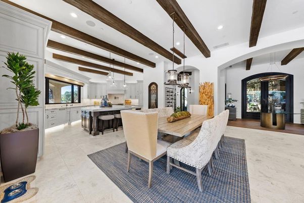 Dining room, Interior, Kitchen, Pendant Lights, Recessed Lighting, Stainless Steel Appliances, Wooden Beams