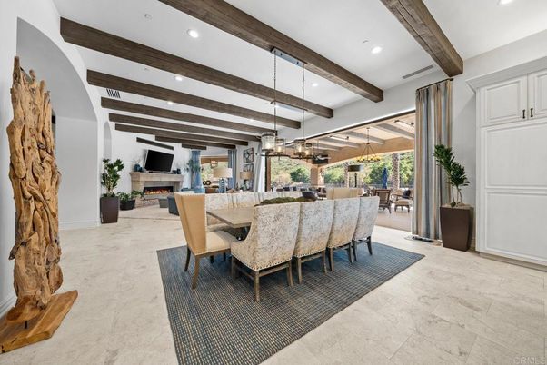Dining room, Fireplace, Interior, Living room, Pendant Lights, Recessed Lighting, Wooden Beams