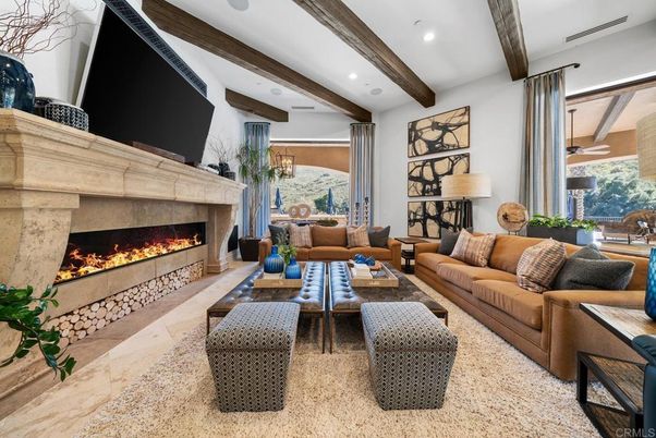 Fireplace, Interior, Living room, Recessed Lighting, Wooden Beams