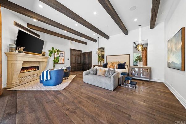 Fireplace, Interior, Living room, Pendant Lights, Recessed Lighting, Wooden Beams, Wood Texture Flooring